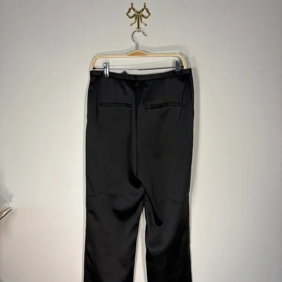 Black Satin Dress Pants Vintage Style Straight Leg Minimalist High Waist - Picture 8 of 12